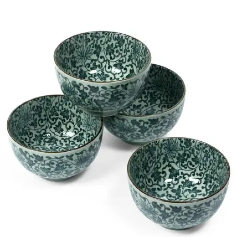 Antique Green Karakusa 5" Bowl Set At Miya