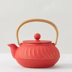 Cast Iron Teapot Red Wave Gold Handle