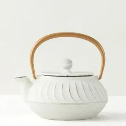 Cast Iron Teapot White Wave Gold Handle