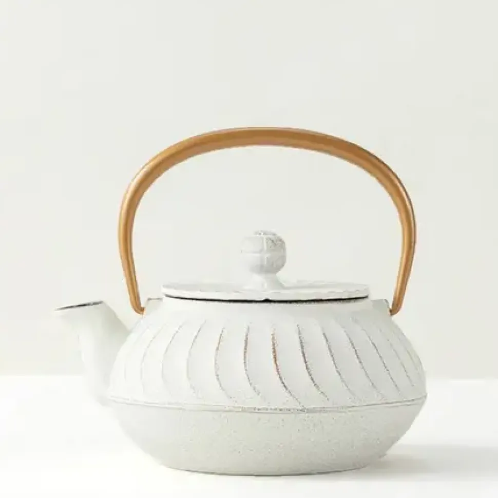 Cast Iron Teapot White Wave Gold Handle