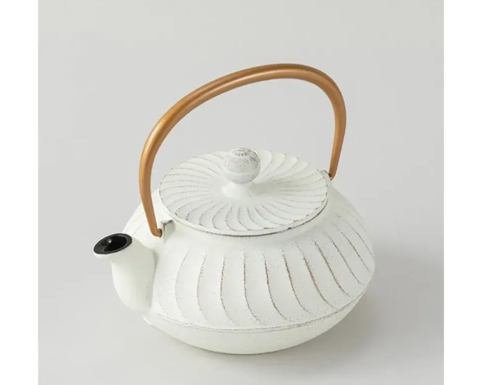 Cast Iron Teapot White Wave Gold Handle