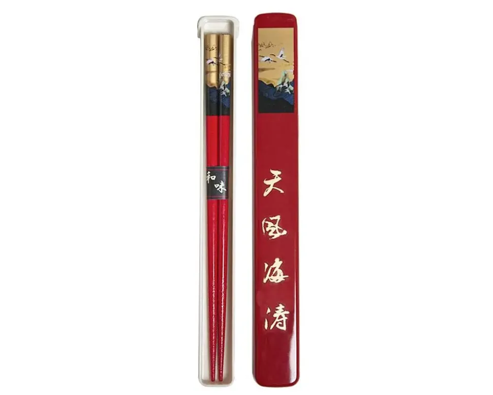 Cranes Chopsticks With Case - Red
